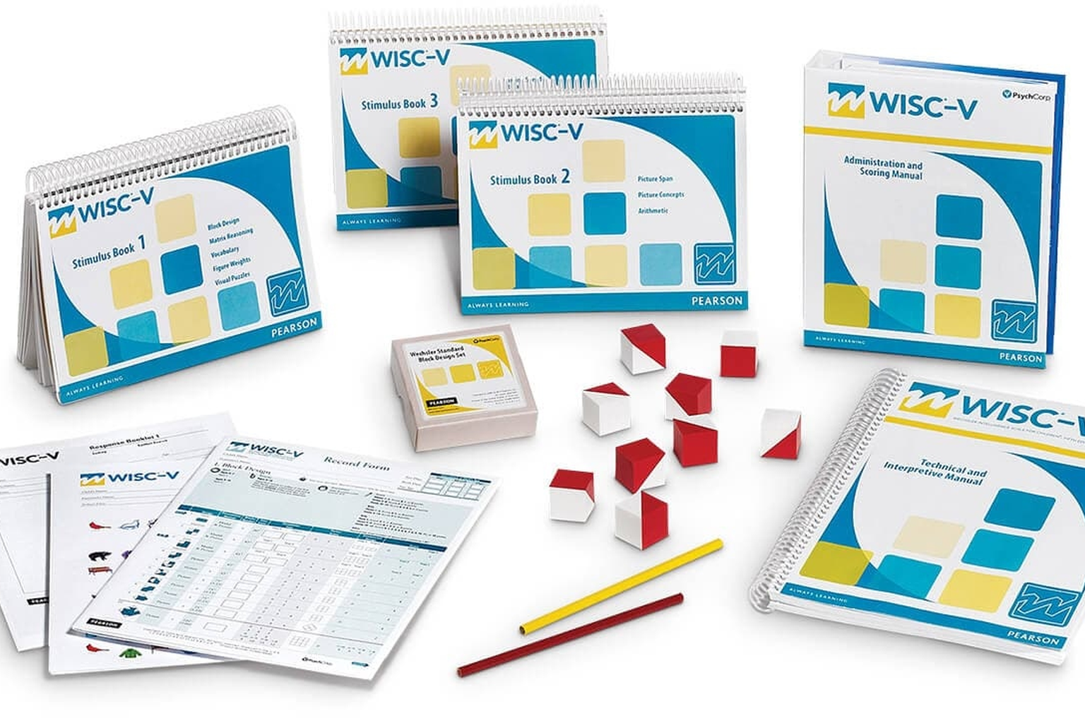 Matériel complet du WISC-V Pearson&nbsp;: cahiers de stimuli, manuels, cubes rouges et blancs et cahier de cotation
